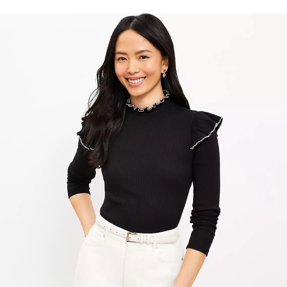 Loft Pointelle Ribbed Ruffle Top - Picture 1 of 5